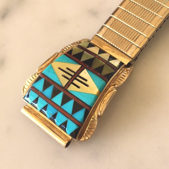 Vintage 14K Gold Native American Zuni Watch Tips Artist Signed Walley - Picture 1 of 11